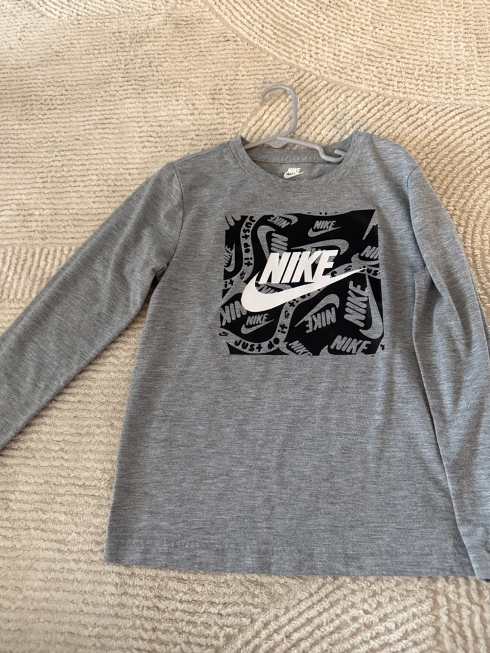 Nike Gray Long-Sleeve Tee with Black Graphic Logo for Kids